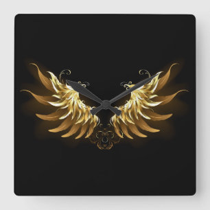 Golden Angel Wings on Black background Quadratische Wanduhr