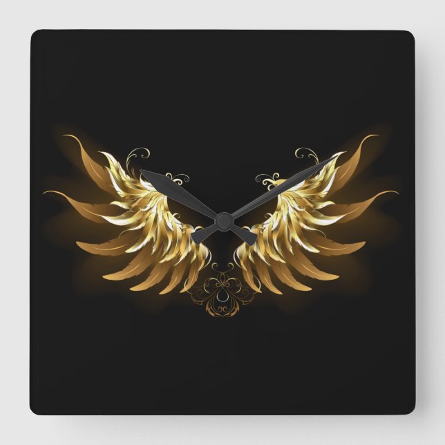 Golden Angel Wings on Black background Quadratische Wanduhr (Vorderseite)