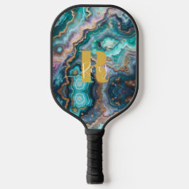 Golden Aquamarin Aqua Agate Custom Modern Monogram Pickleball Schläger