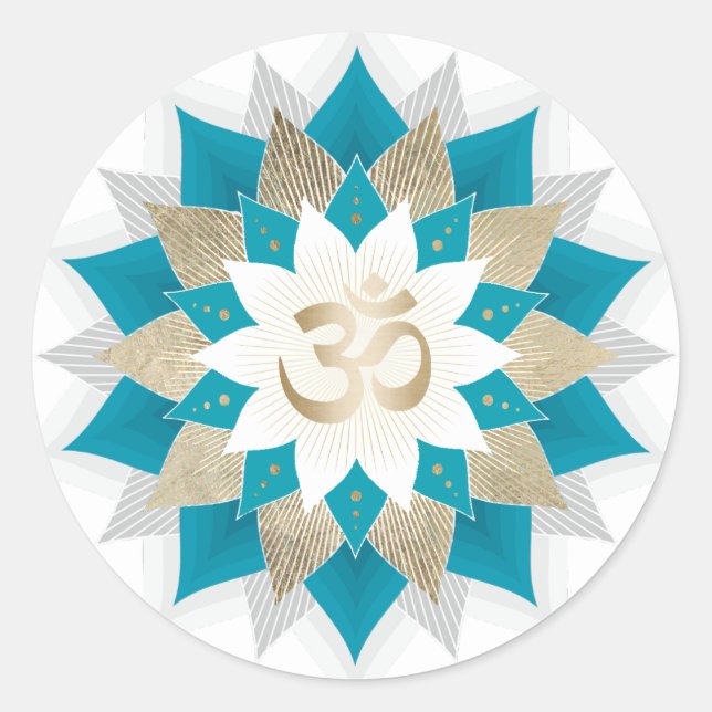 Golden & Aquamarin Lotus Floral Namaste Yoga Runder Aufkleber (Vorderseite)