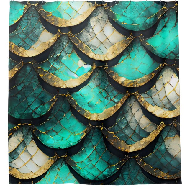 "Golden Aquamarin Opulence: Mermaid Schwanz Patter Duschvorhang (Vorderseite)