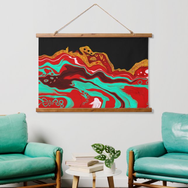 Golden, Aquamarin, Rot und Schwarz Fluid Art Wandteppich Mit Holzrahmen (Wohnzimmer)