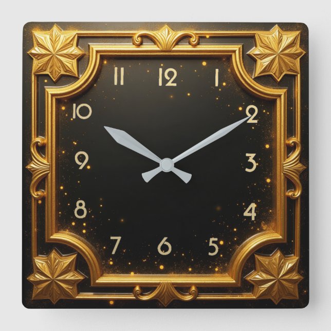 Golden Art Deco Quadratische Wanduhr (Vorderseite)