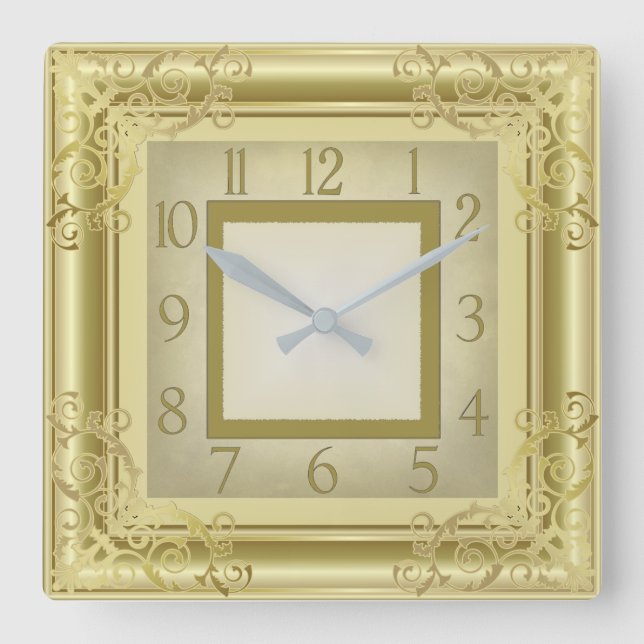 Golden Art Deco Quadratische Wanduhr (Vorderseite)