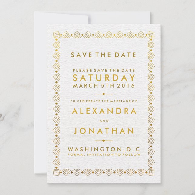 Golden Art Deco Speichern Sie die Datumskarten Save The Date (Vorderseite)