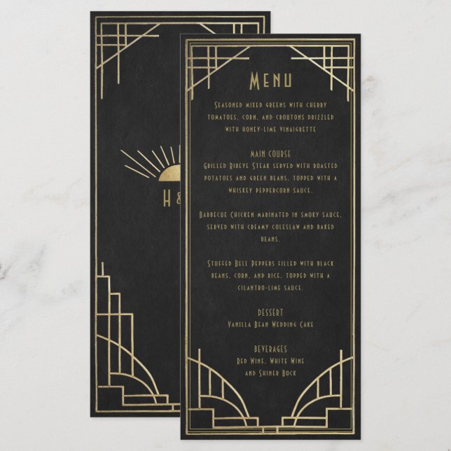 golden art deco wedding menu menükarte (Vorne/Hinten)
