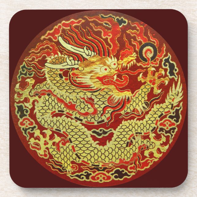 Golden asian dragon bestickt in dunkelrot getränkeuntersetzer (Vorderseite)