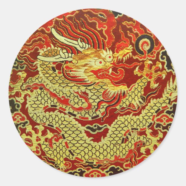 Golden asian dragon bestickt in dunkelrot runder aufkleber (Vorderseite)