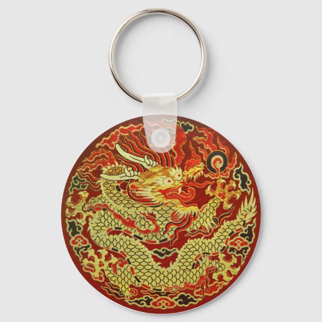 Golden asian dragon bestickt in dunkelrot schlüsselanhänger (Vorderseite)