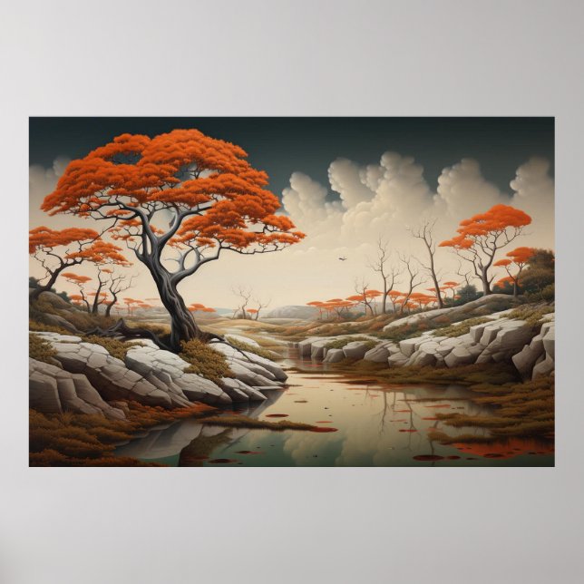 Golden Autumn Dreamscape With Orange Trees Fantasy Poster (Vorne)