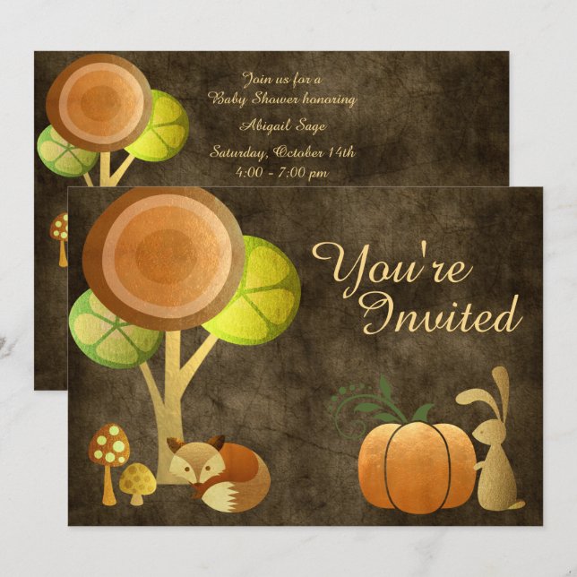 Golden Autumn Fox und Bunny Baby Shower Einladung (Vorne/Hinten)