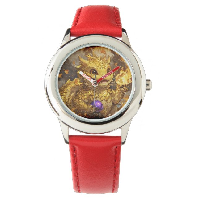 Golden Baby Dragon und Flammen Armbanduhr (Vorderseite)