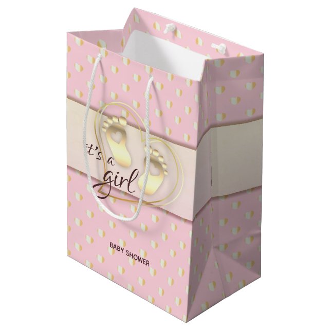 Golden Baby Girl Footprints und Hearts Baby Shoote Mittlere Geschenktüte (Vorderseite Schrägansicht)