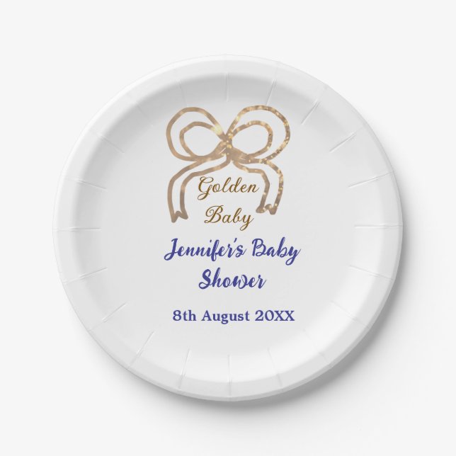 Golden baby Glitzer Bogen Royal Blue Babydusche Pappteller (Vorderseite)