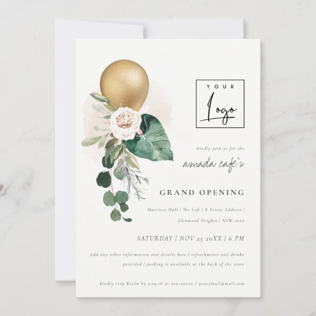 Golden Balloon Floral Logo Grand Opening Einladung (Vorderseite)