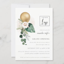 Golden Balloon Floral Logo Grand Opening Einladung