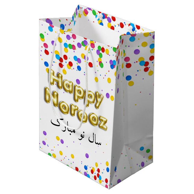 Golden Balloon Happy Noroz Persian New Year Mittlere Geschenktüte (Vorderseite Schrägansicht)