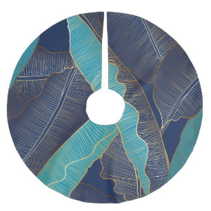 Golden Banana Leaf: Luxuriöses Muster. Polyester Weihnachtsbaumdecke
