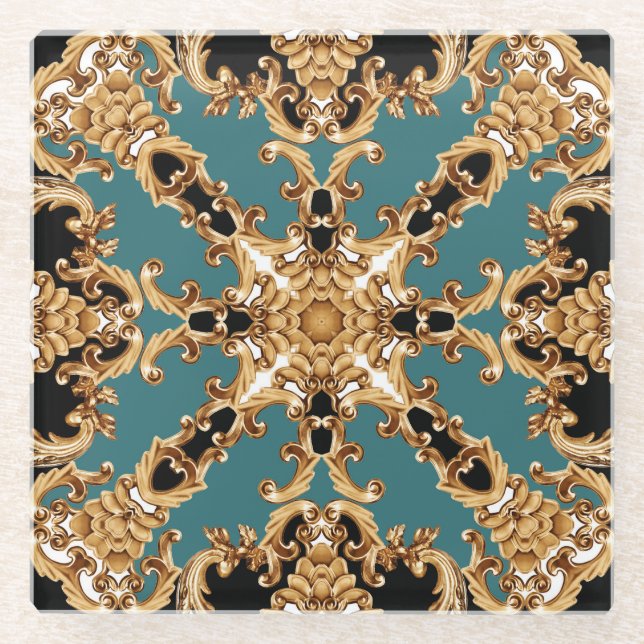 Golden barocke, luxuriöse Ornament-Design. Glasuntersetzer (Vorderseite)