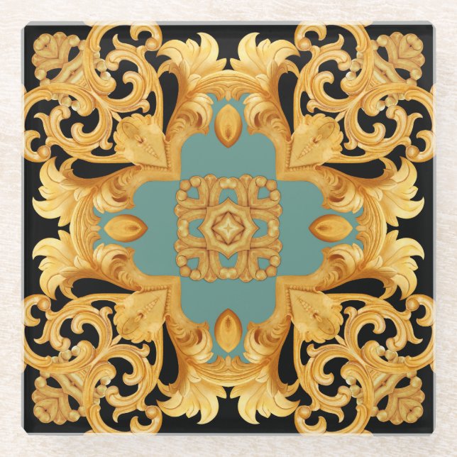 Golden Baroque Ornament 3D Elemente Glasuntersetzer (Vorderseite)