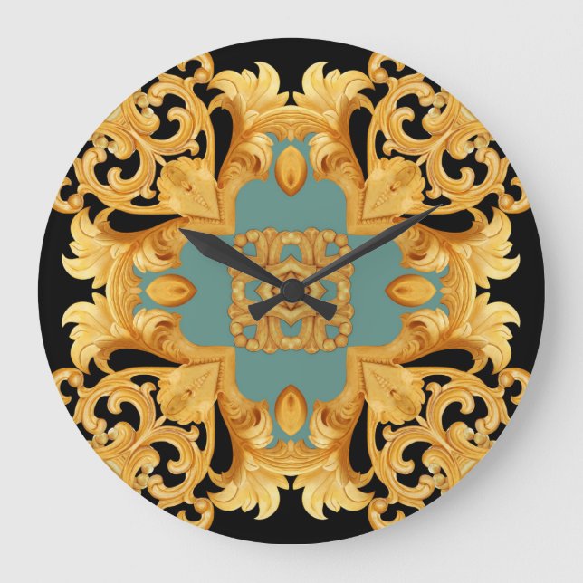 Golden Baroque Ornament 3D Elemente Große Wanduhr (Vorderseite)