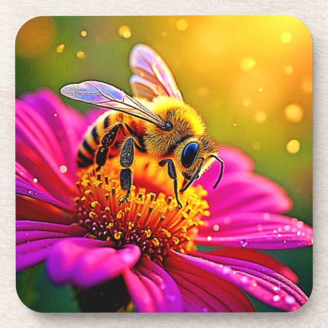 Golden Bee Blume Magic Light Design Getränkeuntersetzer (Vorderseite)