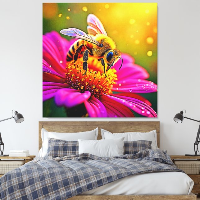 Golden Bee Blume Magic Light Design Leinwanddruck (Insitu (Schlafzimmer))