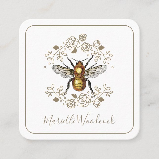 Golden Bee Rose Floral Laurel Quadratische Visitenkarte (Vorderseite)