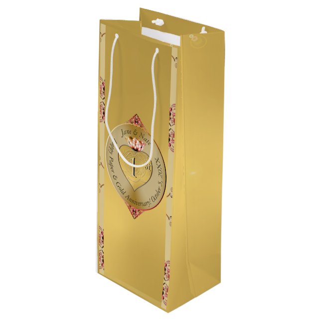 Golden bei der 1. oder 50. Hochzeit Geschenktüte Für Weinflaschen (Vorderseite Schrägansicht)