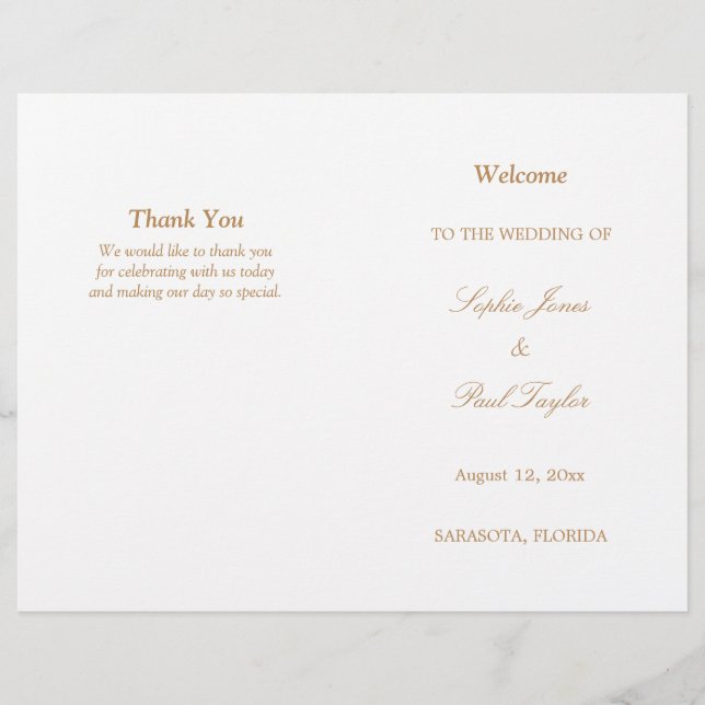 Golden Beige Script Bi-Fold Hochzeitsprogramm (Vorderseite)