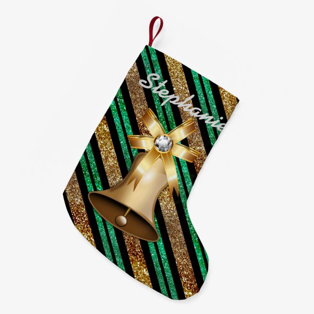 Golden Bell Green Gold & Black Imitats Glitzer Kleiner Weihnachtsstrumpf (Vorderansicht (hängend))