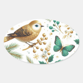 Golden Bird Emerald Butterfly Botanisch Ovaler Aufkleber