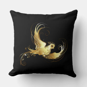 Golden Bird im schwarzen Hintergrund Kissen
