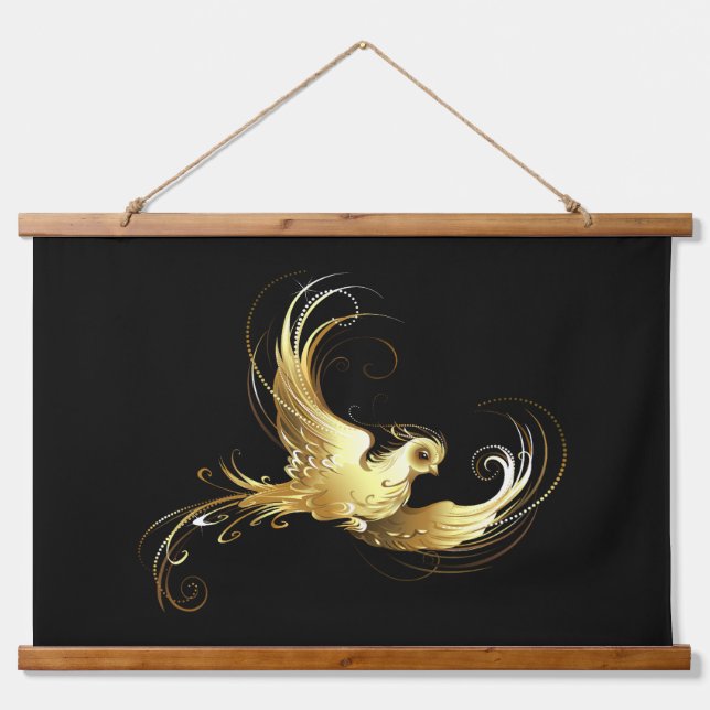 Golden Bird im schwarzen Hintergrund Wandteppich Mit Holzrahmen (Vorne)