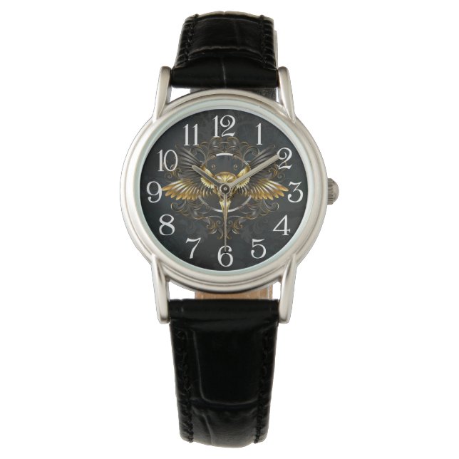 Golden Bird Skull auf schwarzem Hintergrund Armbanduhr (Vorderseite)