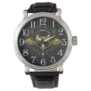 Golden Bird Skull auf schwarzem Hintergrund Armbanduhr