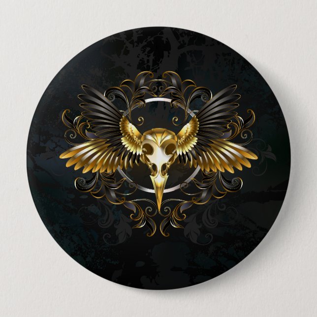 Golden Bird Skull auf schwarzem Hintergrund Button (Vorderseite)