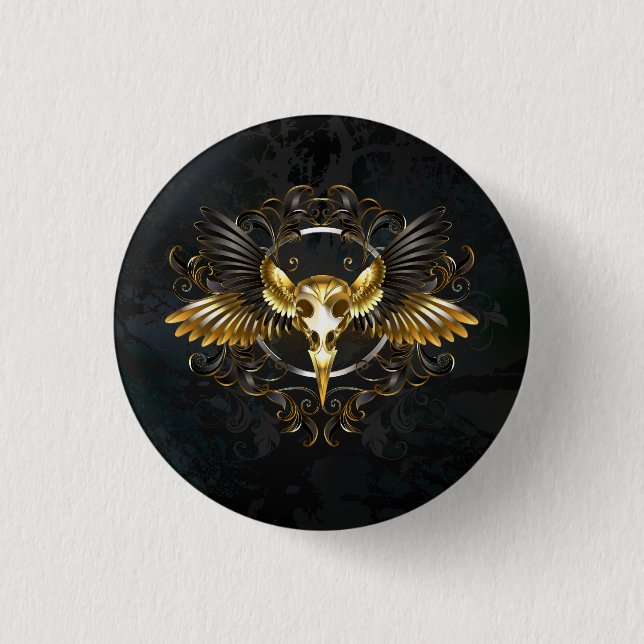 Golden Bird Skull auf schwarzem Hintergrund Button (Vorderseite)