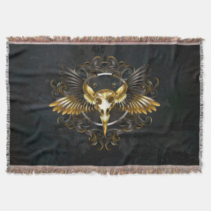 Golden Bird Skull auf schwarzem Hintergrund Decke