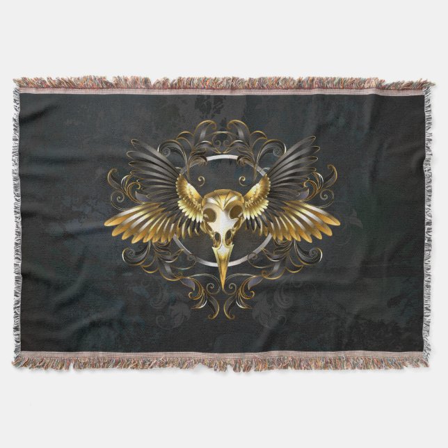 Golden Bird Skull auf schwarzem Hintergrund Decke (Vorderseite)