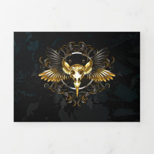 Golden Bird Skull auf schwarzem Hintergrund Dreifach Gefaltete Ankündigung