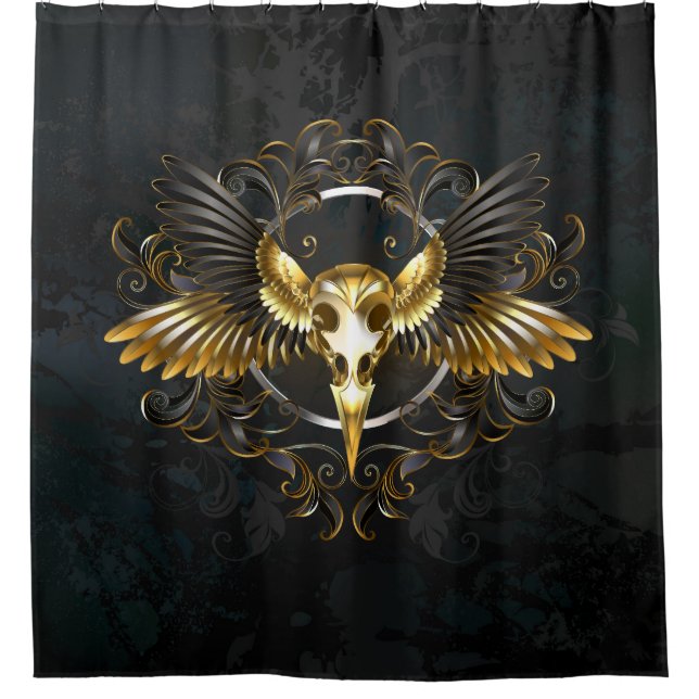 Golden Bird Skull auf schwarzem Hintergrund Duschvorhang (Vorderseite)