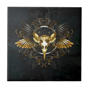 Golden Bird Skull auf schwarzem Hintergrund Fliese