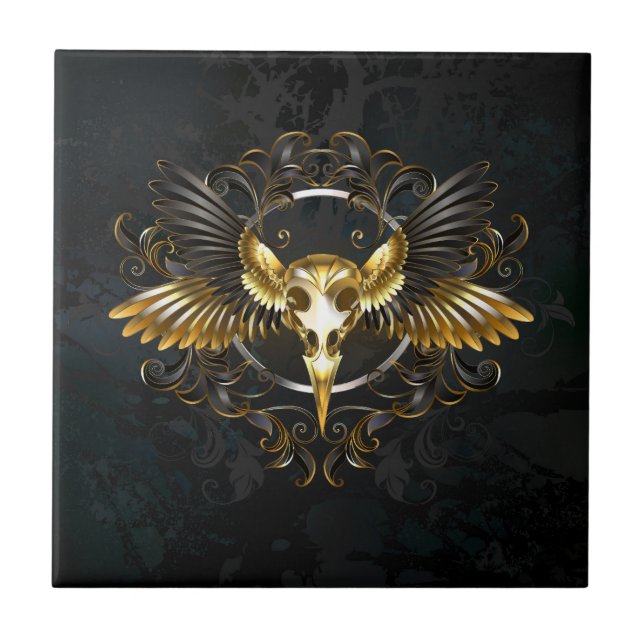Golden Bird Skull auf schwarzem Hintergrund Fliese (Vorderseite)