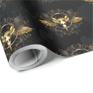 Golden Bird Skull auf schwarzem Hintergrund Geschenkpapier