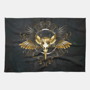 Golden Bird Skull auf schwarzem Hintergrund Geschirrtuch