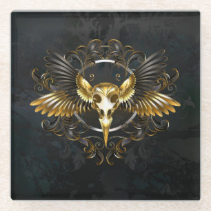 Golden Bird Skull auf schwarzem Hintergrund Glasuntersetzer