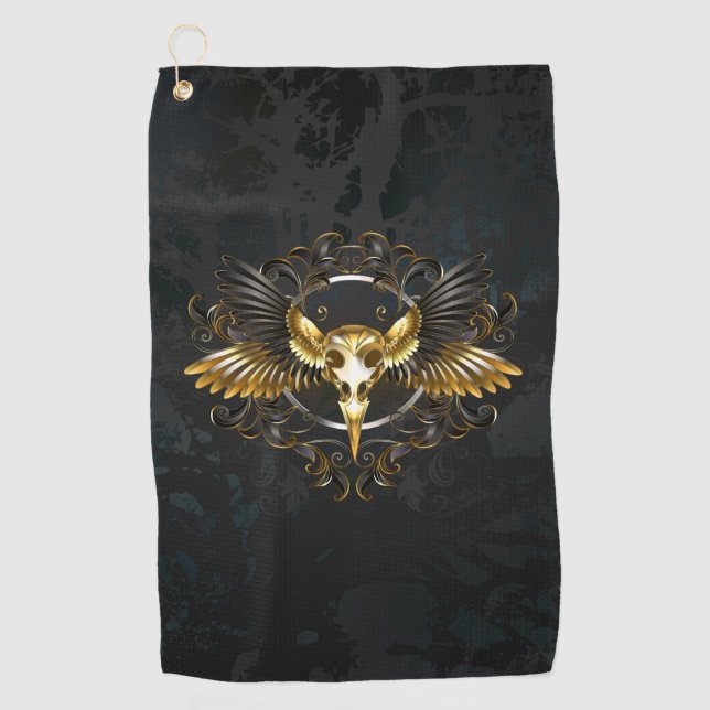 Golden Bird Skull auf schwarzem Hintergrund Golfhandtuch (Vorderseite)