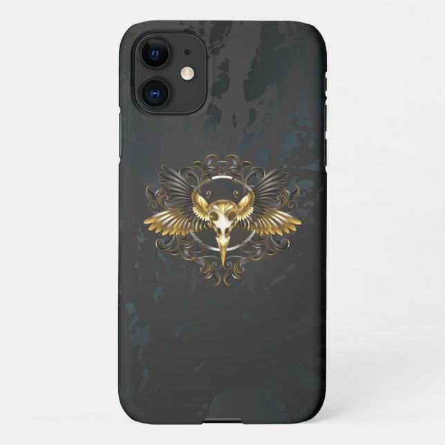 Golden Bird Skull auf schwarzem Hintergrund iPhone 11 Hülle (Rückseite)