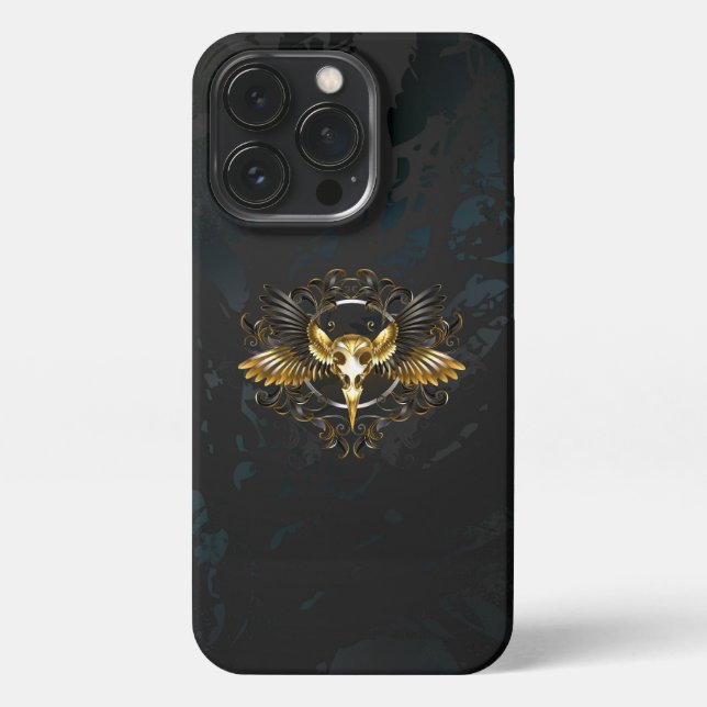 Golden Bird Skull auf schwarzem Hintergrund iPhone 13 Pro Hülle (Rückseite)